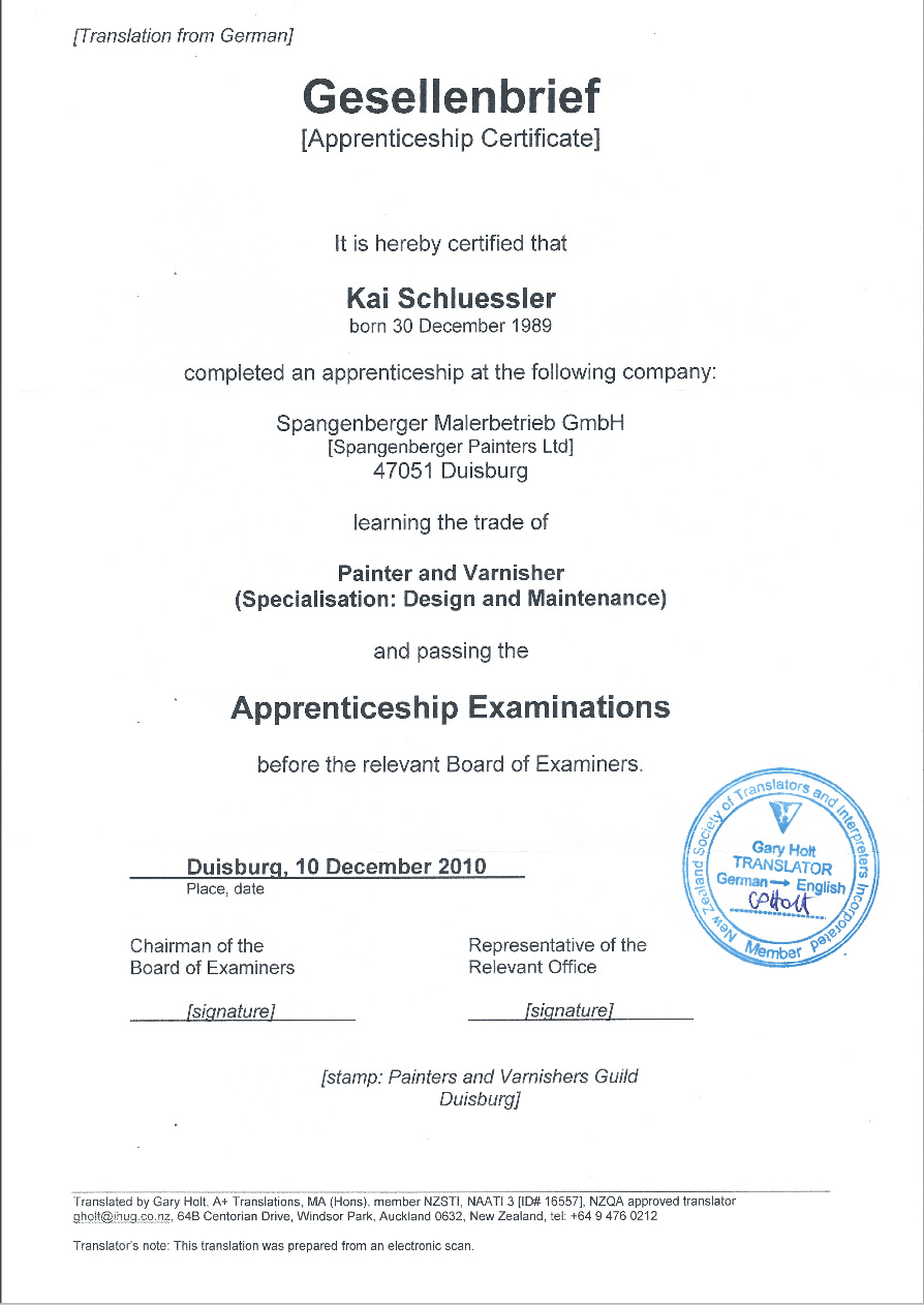 Certified English translation of the apprenticeship certificate.