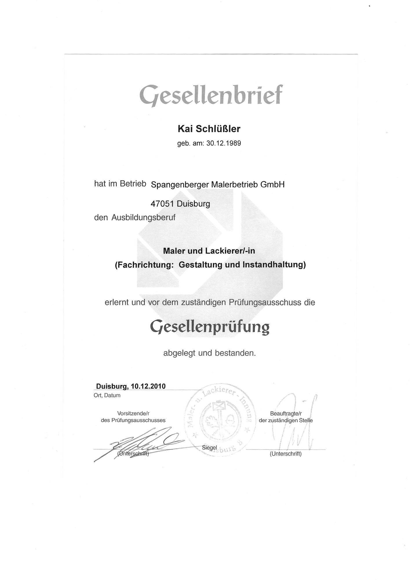 The German Gesellenbrief apprenticeship certificate.