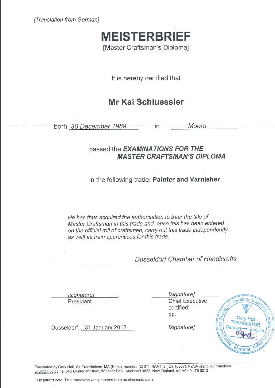 Certified English translation of the master craftsman certificate.